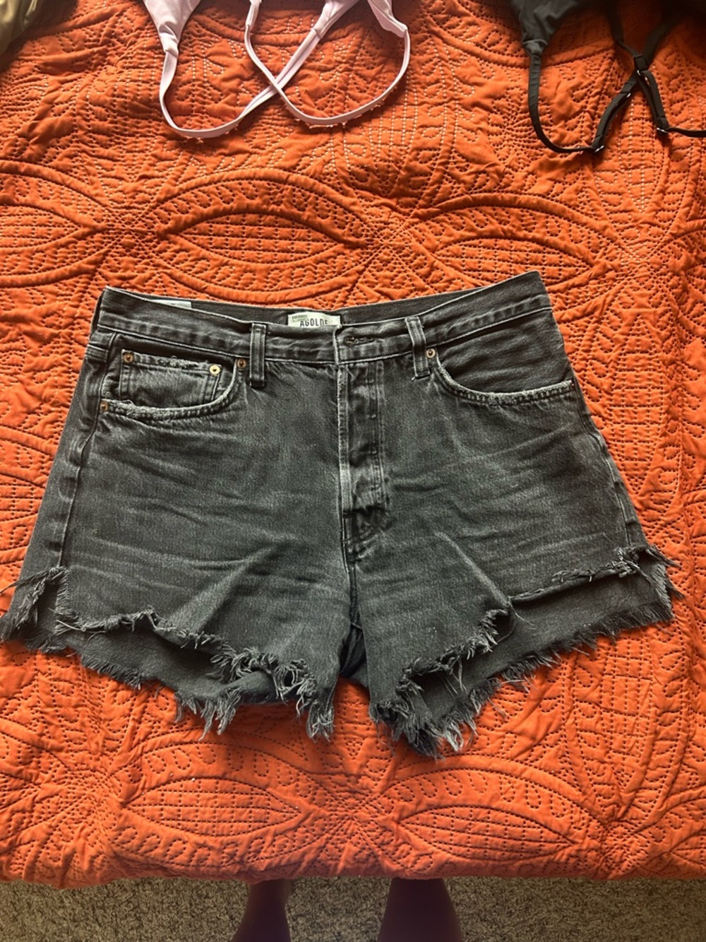 AGOLDE Black Frayed Hem Jean Shorts Size 29, Denim
